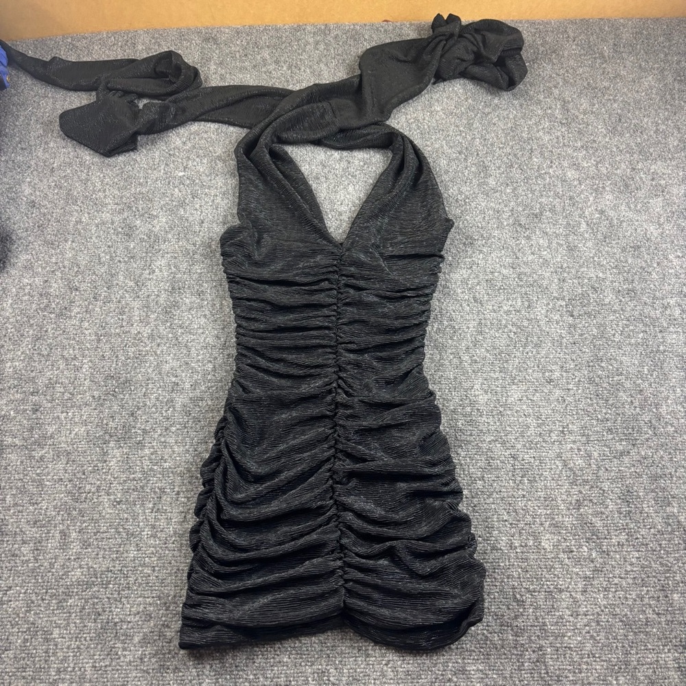 FREDRICKS OF HOLLYWOOD Women’s Black Sparkle Ruched Bodycon Halter Mini Dress XS